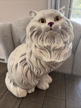 Vintage Ceramic Persian Cat Statue with Amber Eyes